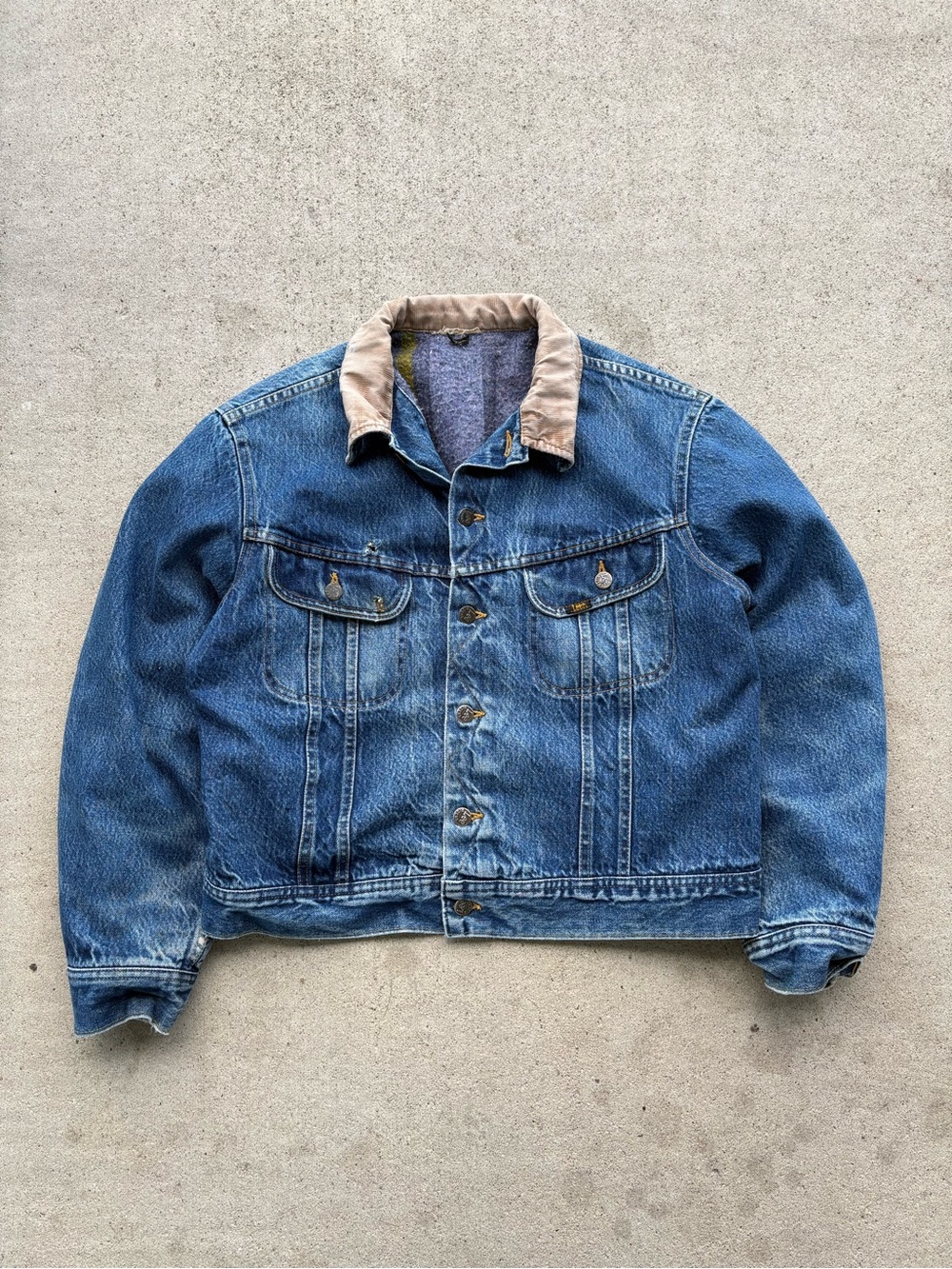 Vintage 70s Lee Storm Rider Denim Jacket Blanket Lined Cord Collar Mens 23x23